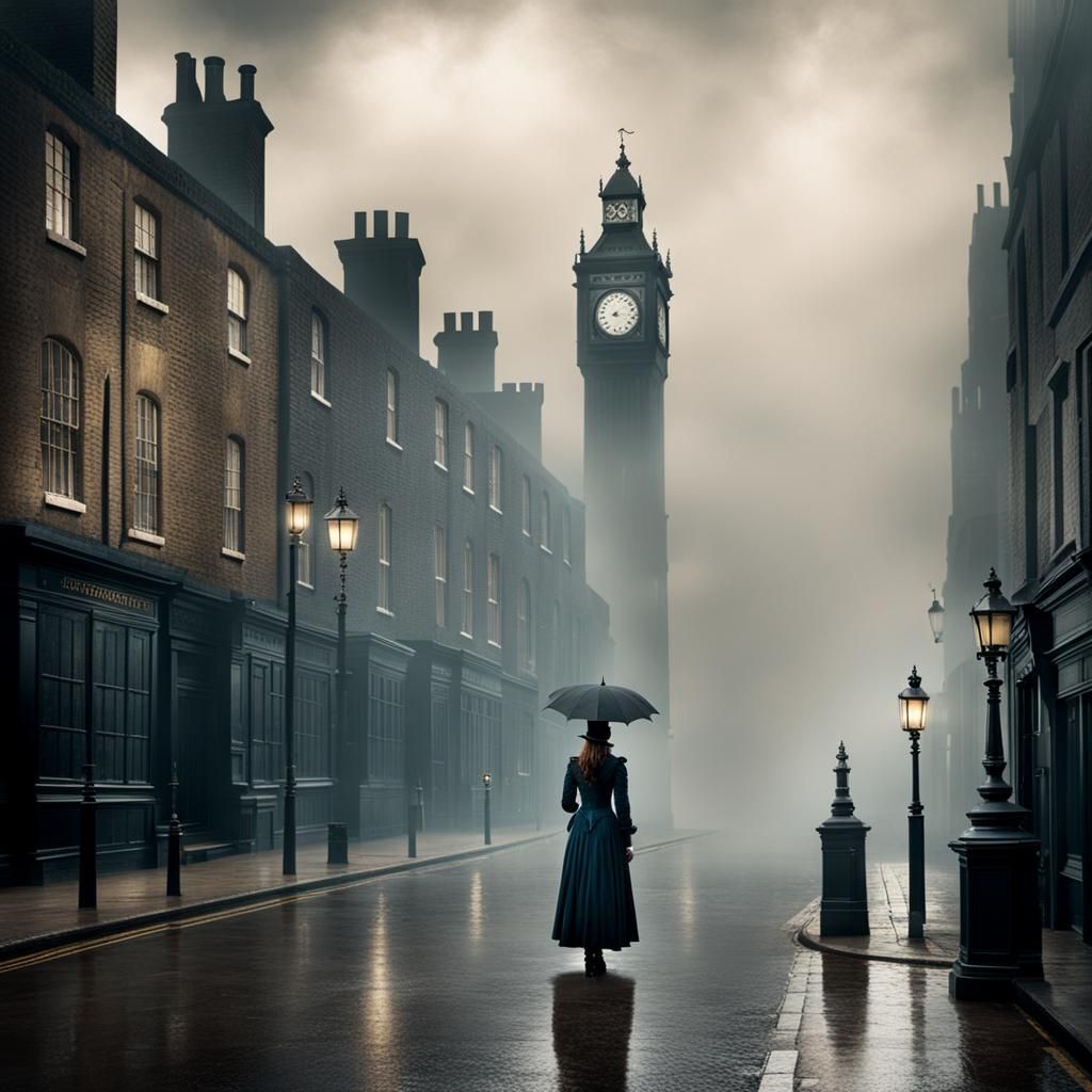 A lone sorrowful woman stands on an 1880s misty London stree...