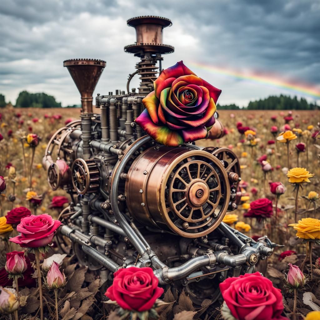 Metal rainbow rose in full bloom in the middle of a field of...