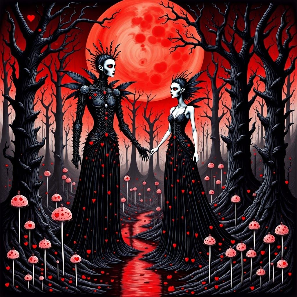<lora:My Darking Valentine:1.0> Hellraiser and his wife in eerie surreal colorful ink gothic forest next to a river, odd, creepy, pinhead,...