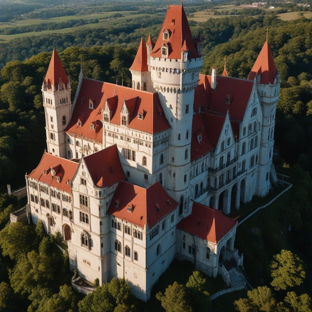 Spectacular Gothic Castle with Red Roofs, Hyperrealistic Vie...