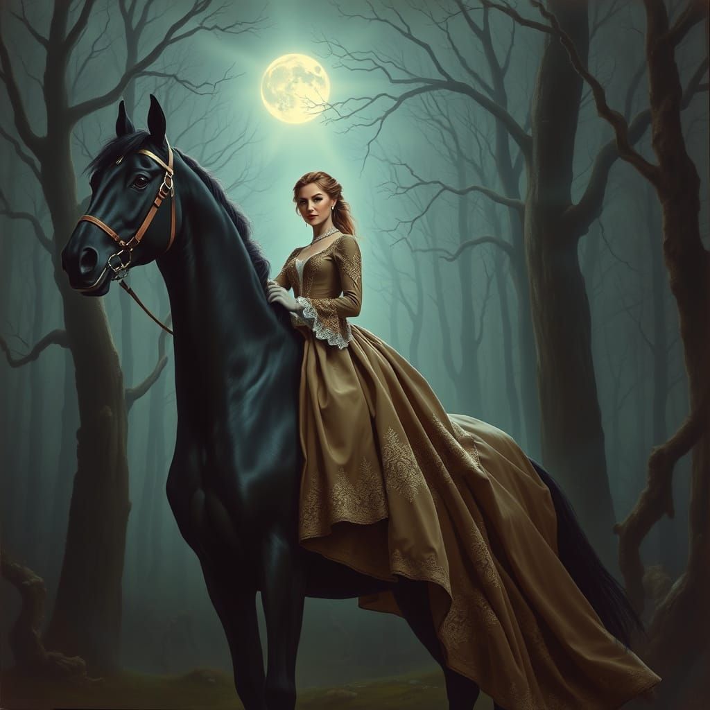 Elegant Woman Rides Majestic Horse Under Misty Moonlit Fores...
