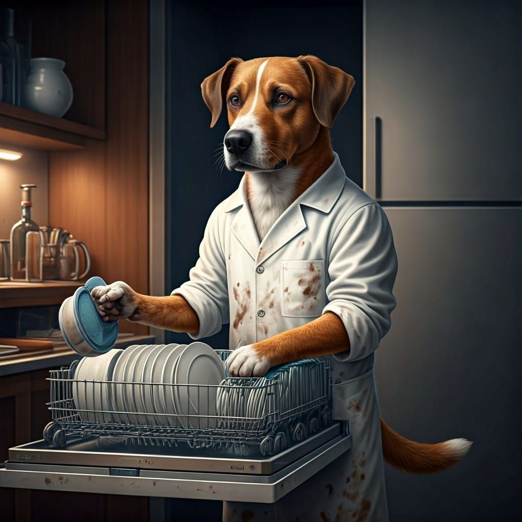 An anamorphic dog in dirty white dishwasher clothes cleaning dishes for a restaurant   by @Dantonio