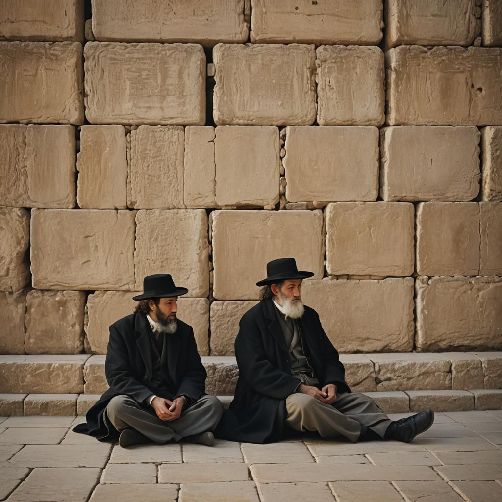 Hassidic Men Praying at Western Wall in Golden Light