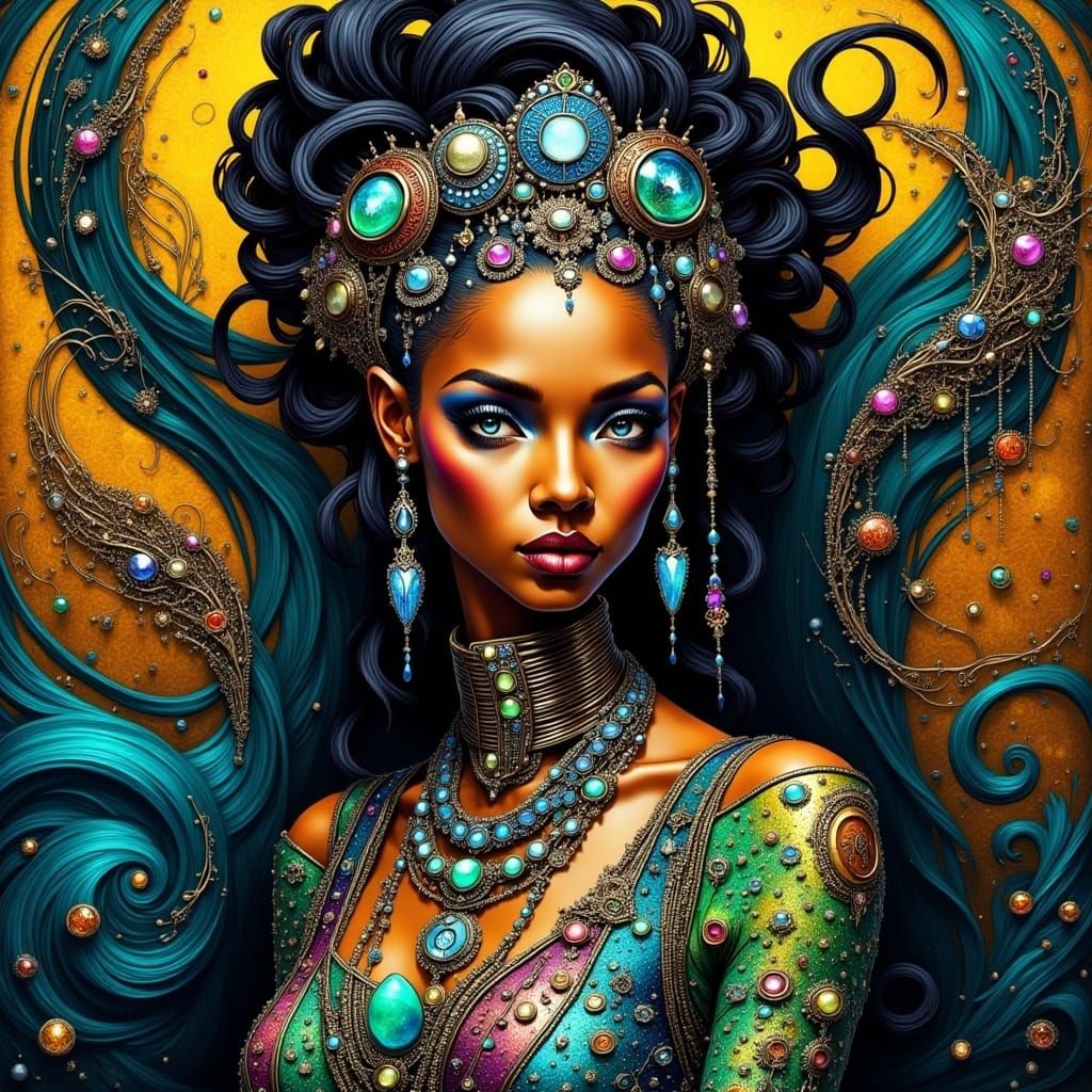  <lora:SybilThorn-2:1.0> portrait of a beautiful woman wearing intricately detailed colorful clothing and futuristic jewelry.