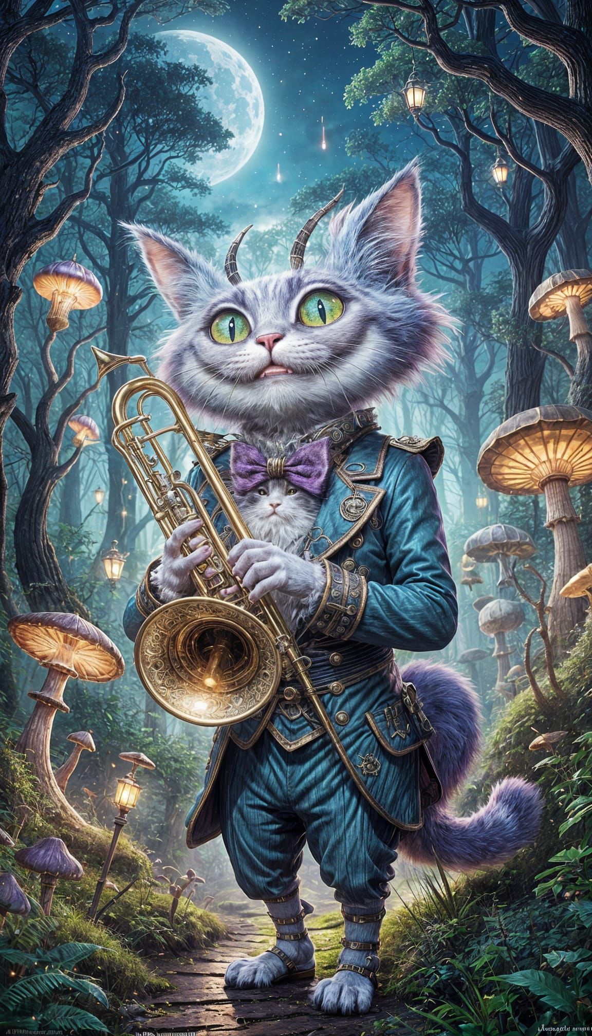 Fantasy Steampunk Cheshire Cat playing the Trombone in a enchanting magical forest with fireflies mushrooms ...  by @Carrie Parr 