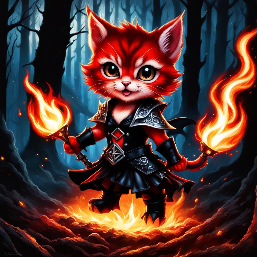 Chibi kitten sorcerer summoning fire in a dark forest - AI Generated ...