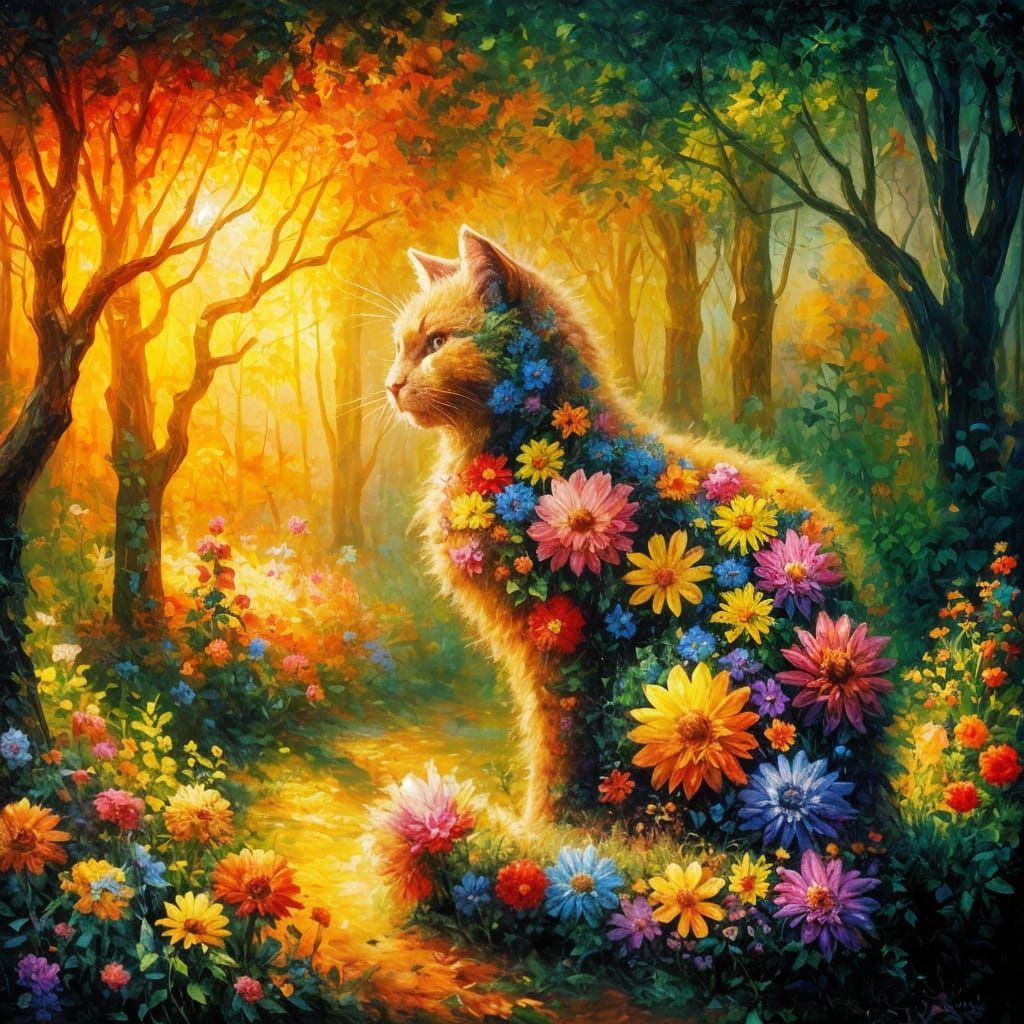 Floral Cat in Sun-Drenched Mystical Forest