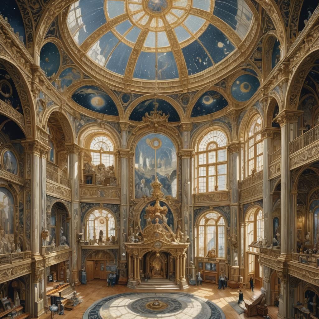 Sculptor's studio in the midst of museum hall with a domed skylight