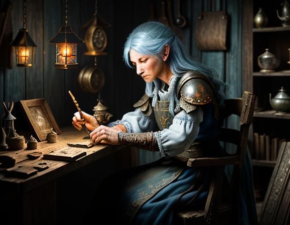a female gnome repairing an automaton at a workbench. a mast...
