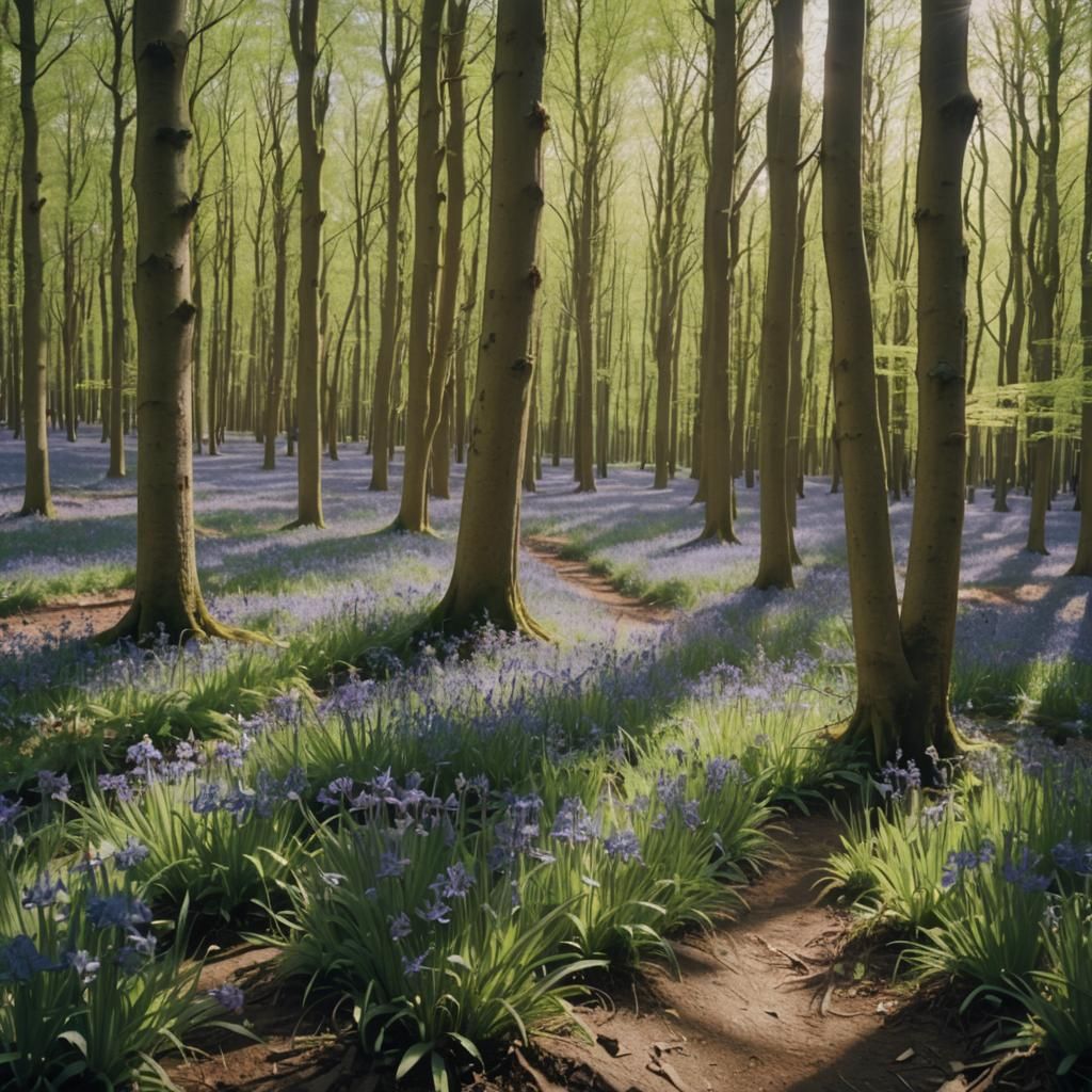bluebells in a forest sunny day