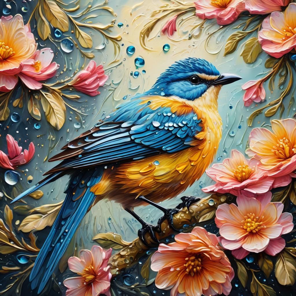 Floral Bird Oil Painting in Art Nouveau Style