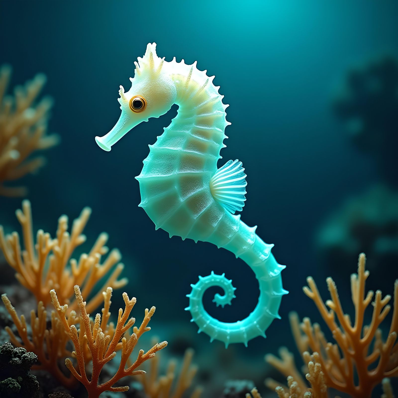 A majestic seahorse, delicate and translucent, floating amidst vibrant coral formations, surrounded by ...  by @ByToi