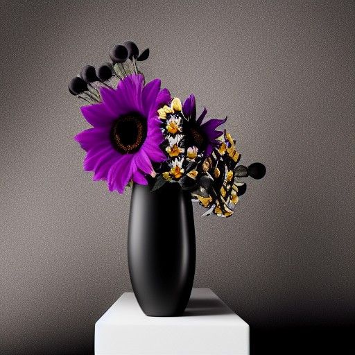 cracked Black vase with black purple and black sunflowers wi...