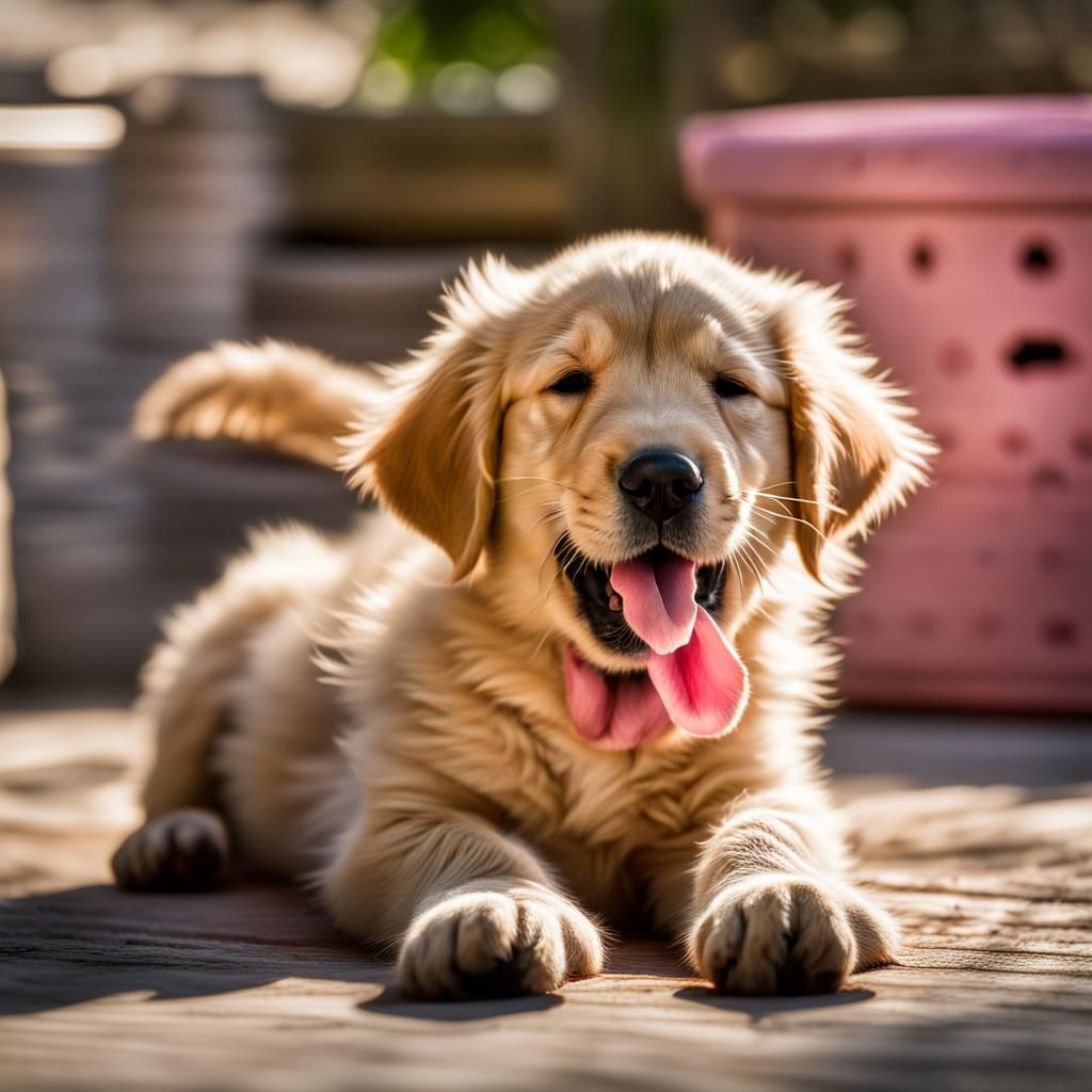 fluffy golden retriever puppy with oversized paws and floppy ears wakes ...