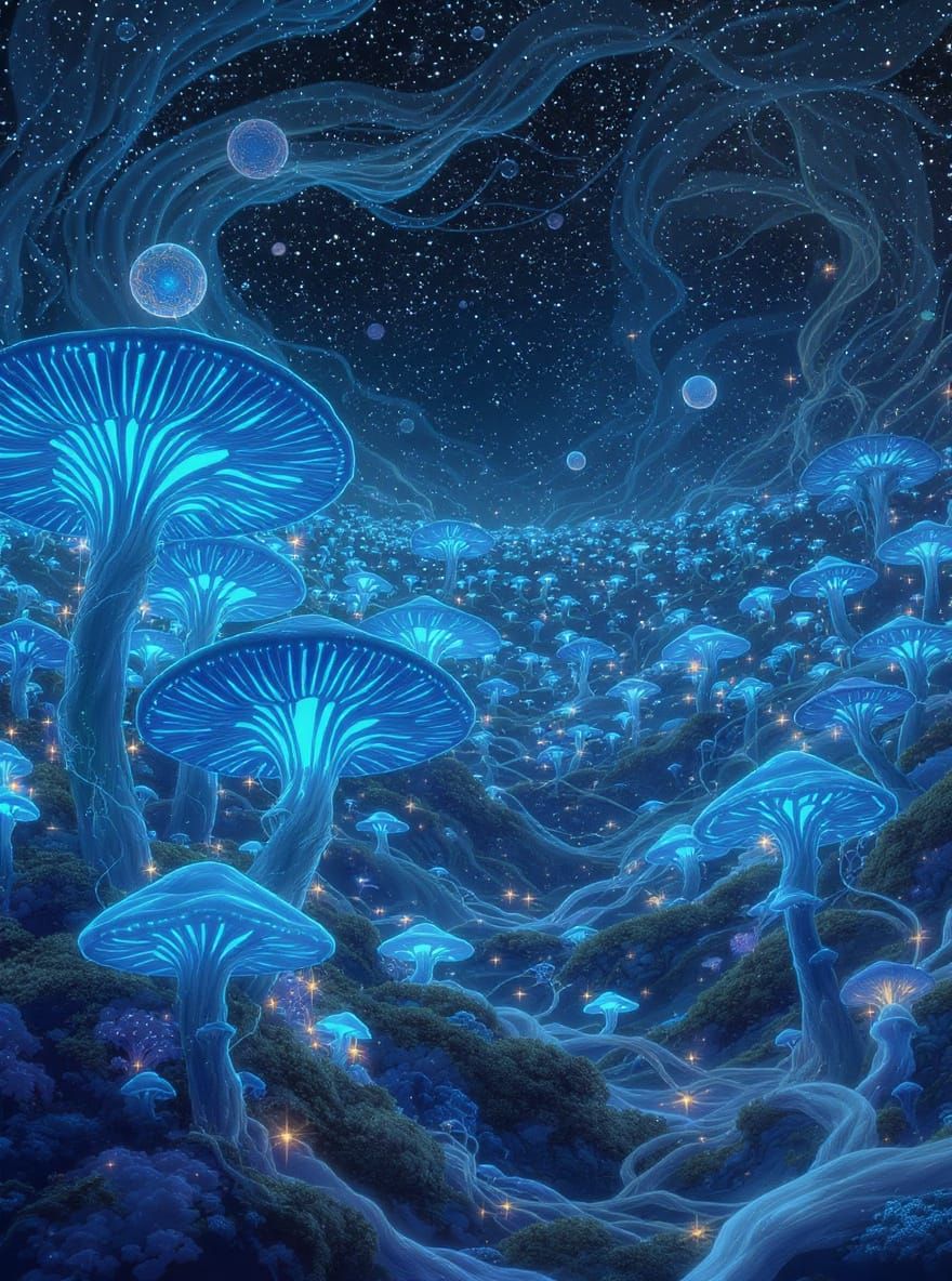 Bioluminescent mushrooms in an Art Nouveau style. A sprawling field of bioluminescent mushrooms pulsates with an otherworldly glow. Alien sp...