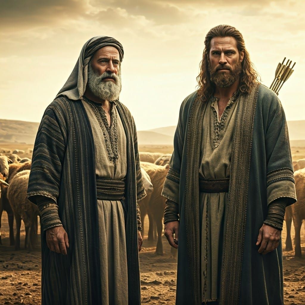 Wise Jacob Meets Fierce Esau in Ancient Desert Landscape