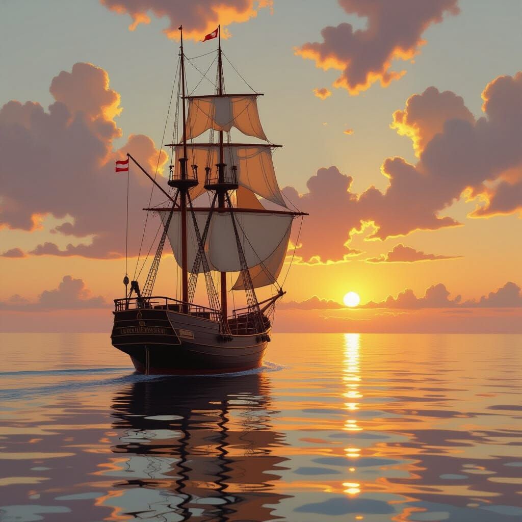Majestic Sailing Ship at Sunset in Golden Light