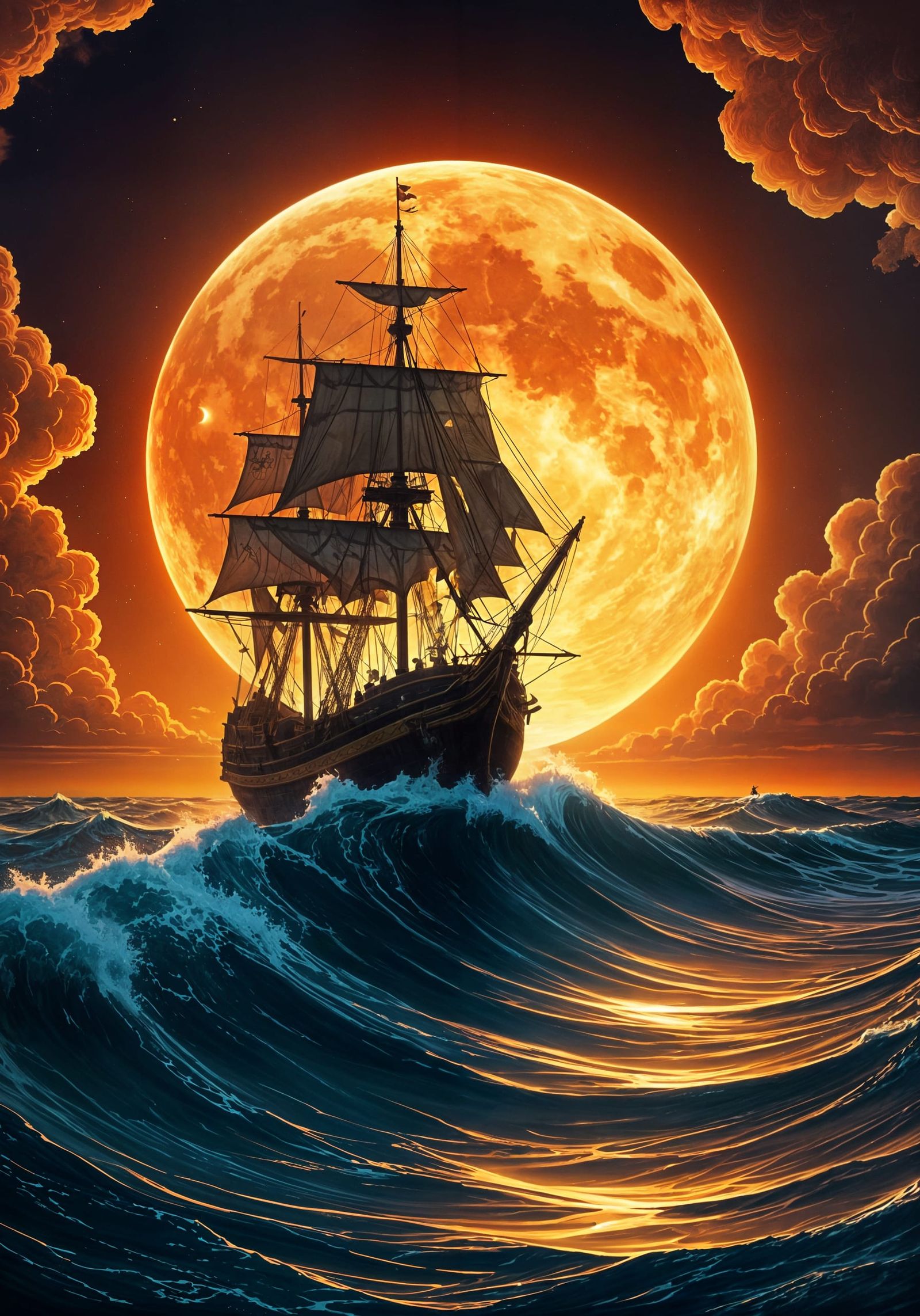 A defiant pirate ship with torn, wind-ravaged sails surges through a furious ocean   by @Mertrivers 
