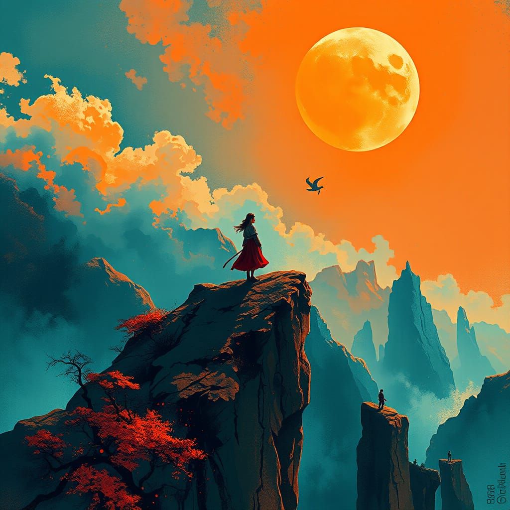 Girl on a Cliff in Vibrant Japanese Art Style