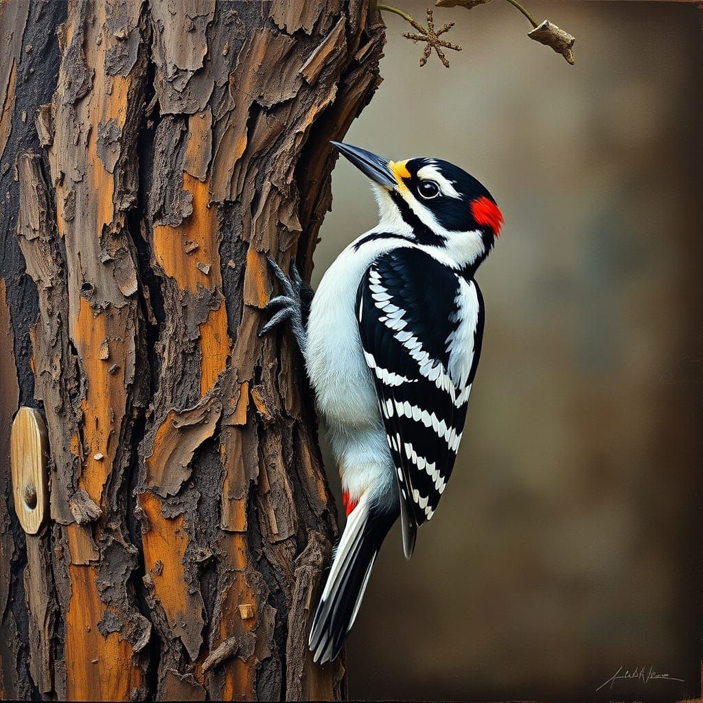 Woodpecker on tree, mixed media   by @nafri