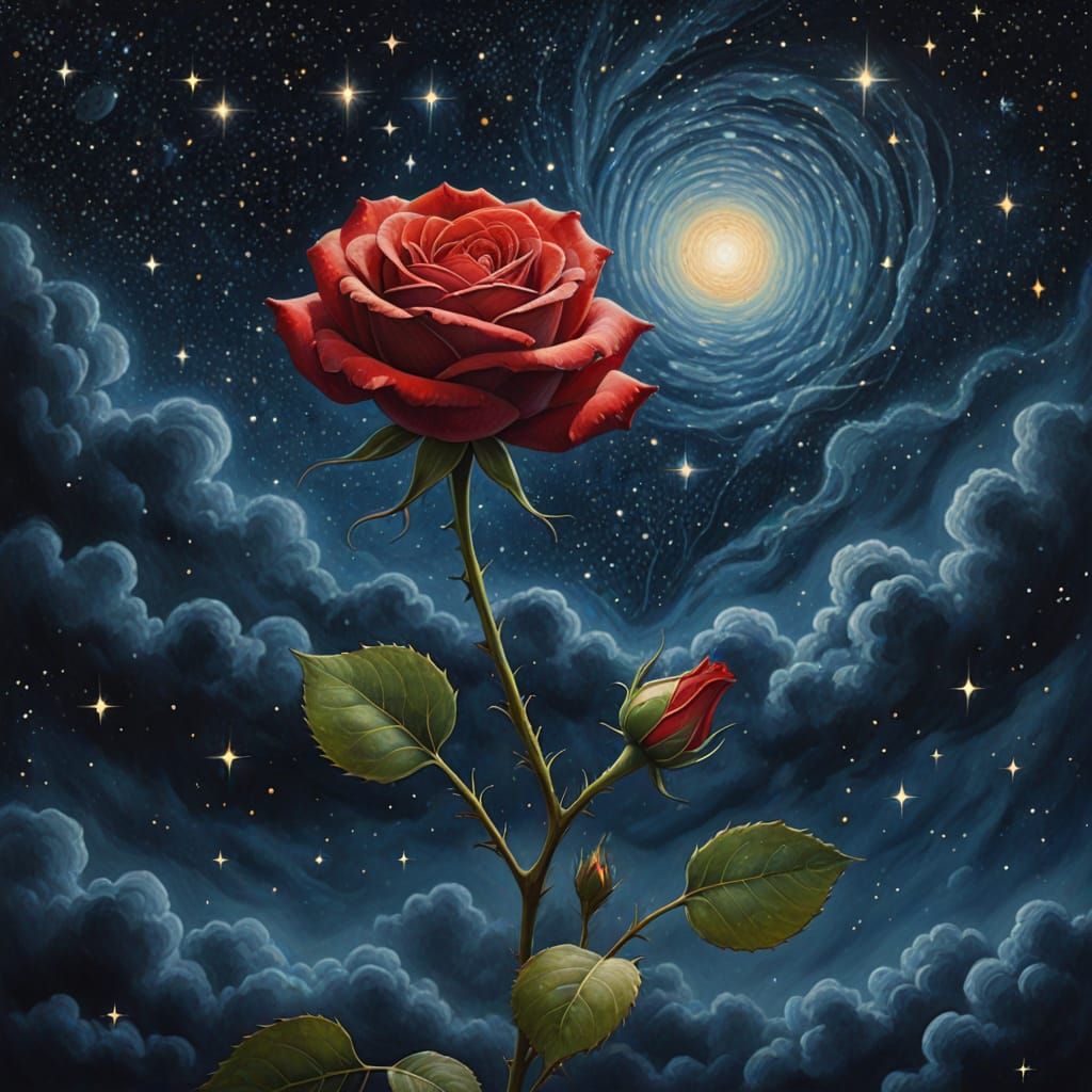 A single, vibrant red rose floats in an endless, starry sky.  Dreamlike atmosphere. Soft, ethereal glow.  Best quality, masterpiece.