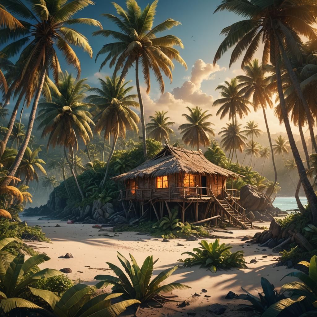 Man Destroys Hut on Deserted Island: Fantasy Art