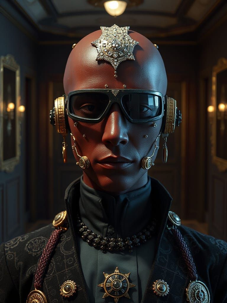 Crimson Cyborg in Baroque Chamber, Futuristic Art