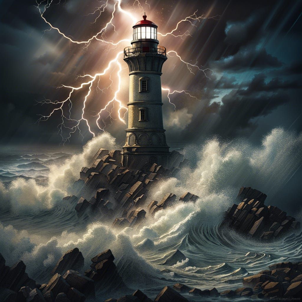 Nature's Fury: Lightning lighting Lighthouse   by @Caz Prophetess