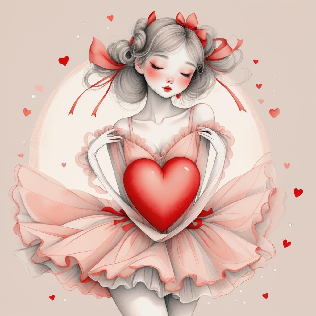 girl in a bodysuit, ballerina's puffy skirt, a bra with a crescent-shaped cup, large red cloth heart on belt, open legs,...