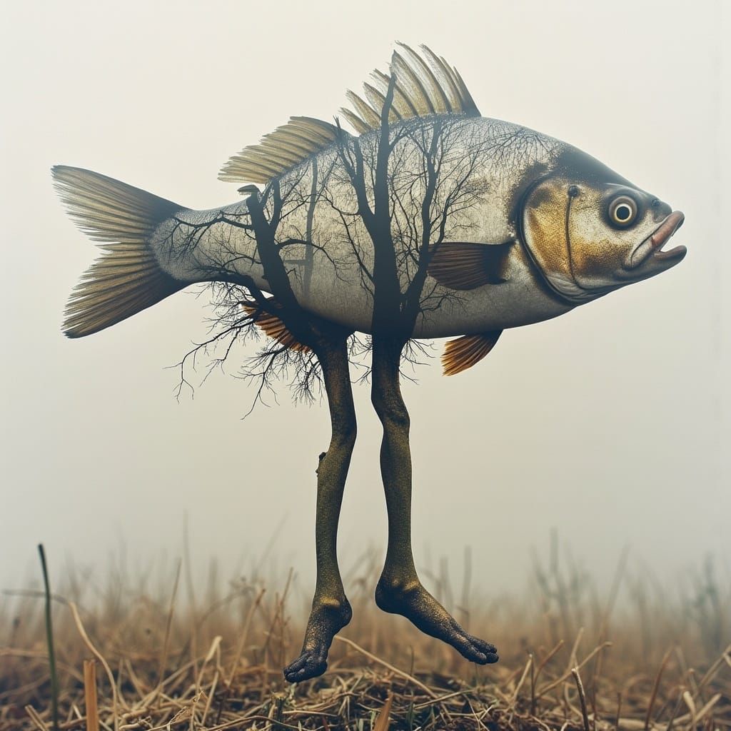 <lora:Surreal DE:1.0> Double exposure photography of a Fish with Legs and Tree Branches, Double exposure surrealistic photography by Alexan...