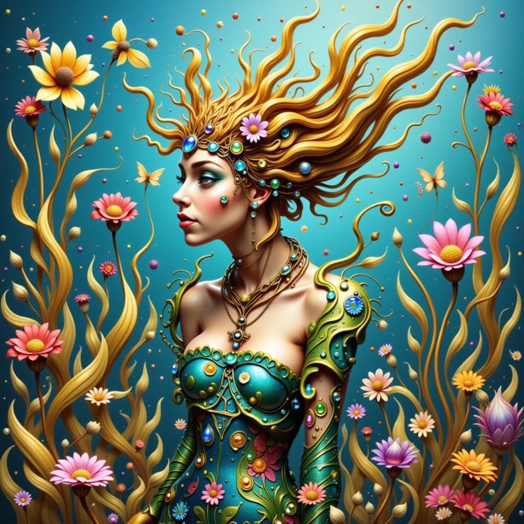 Female Lantana creature with a gentle face at the flower's center, delicate petals forming a collar, and leaves resembling a flowing skirt, ...