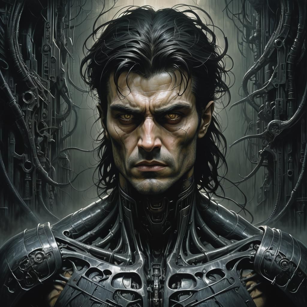 Brooding Dark-Haired Man in Biomechanical Style