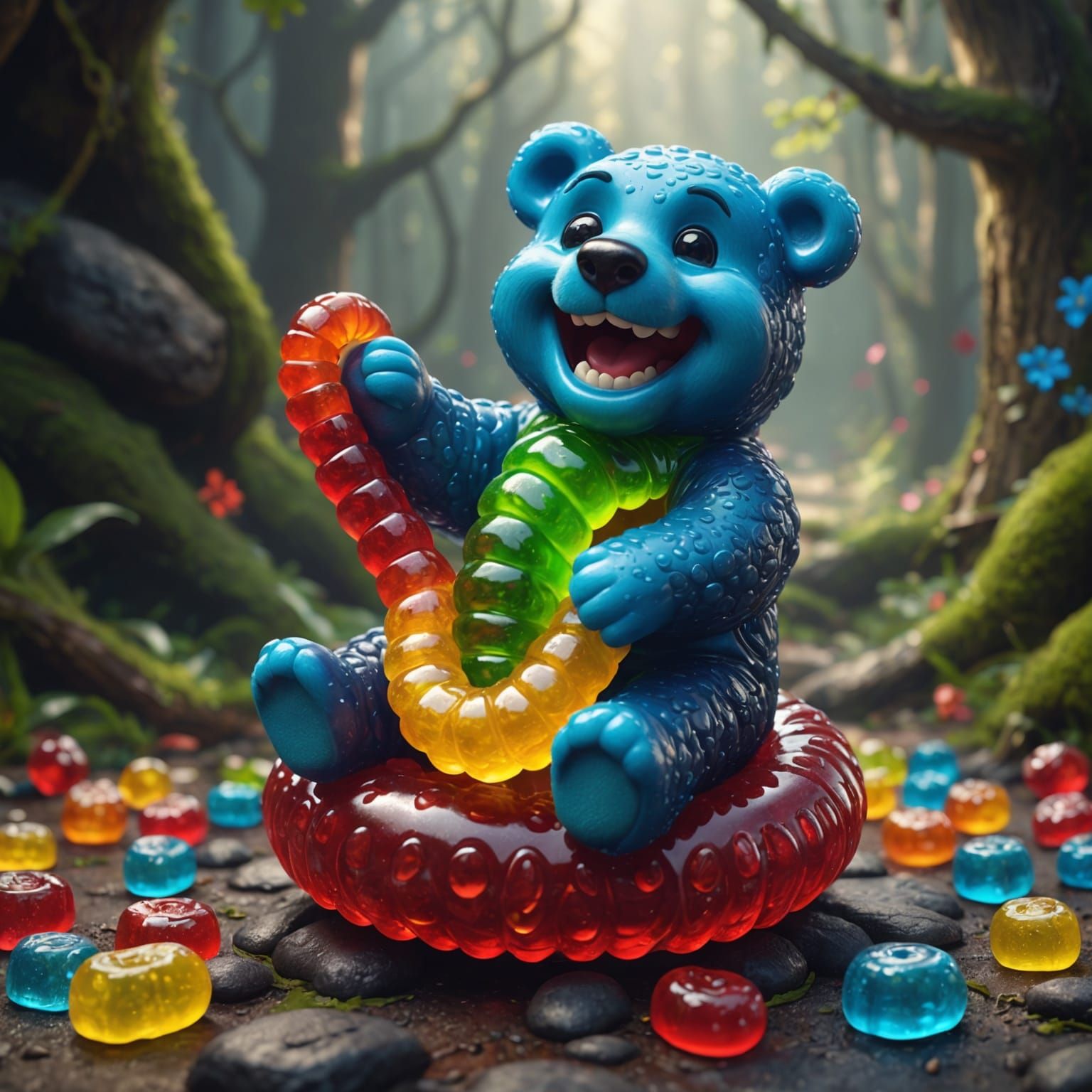 A gummy bear riding a gummy worm