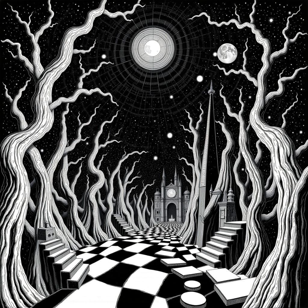 the huge text "Poe Escher" appearing in the background: <lora:Poe Escher:1.0> 