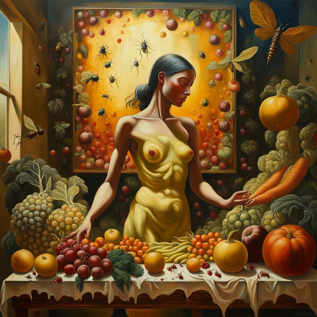 Surrealist Woman Surrounded by Decaying Produce