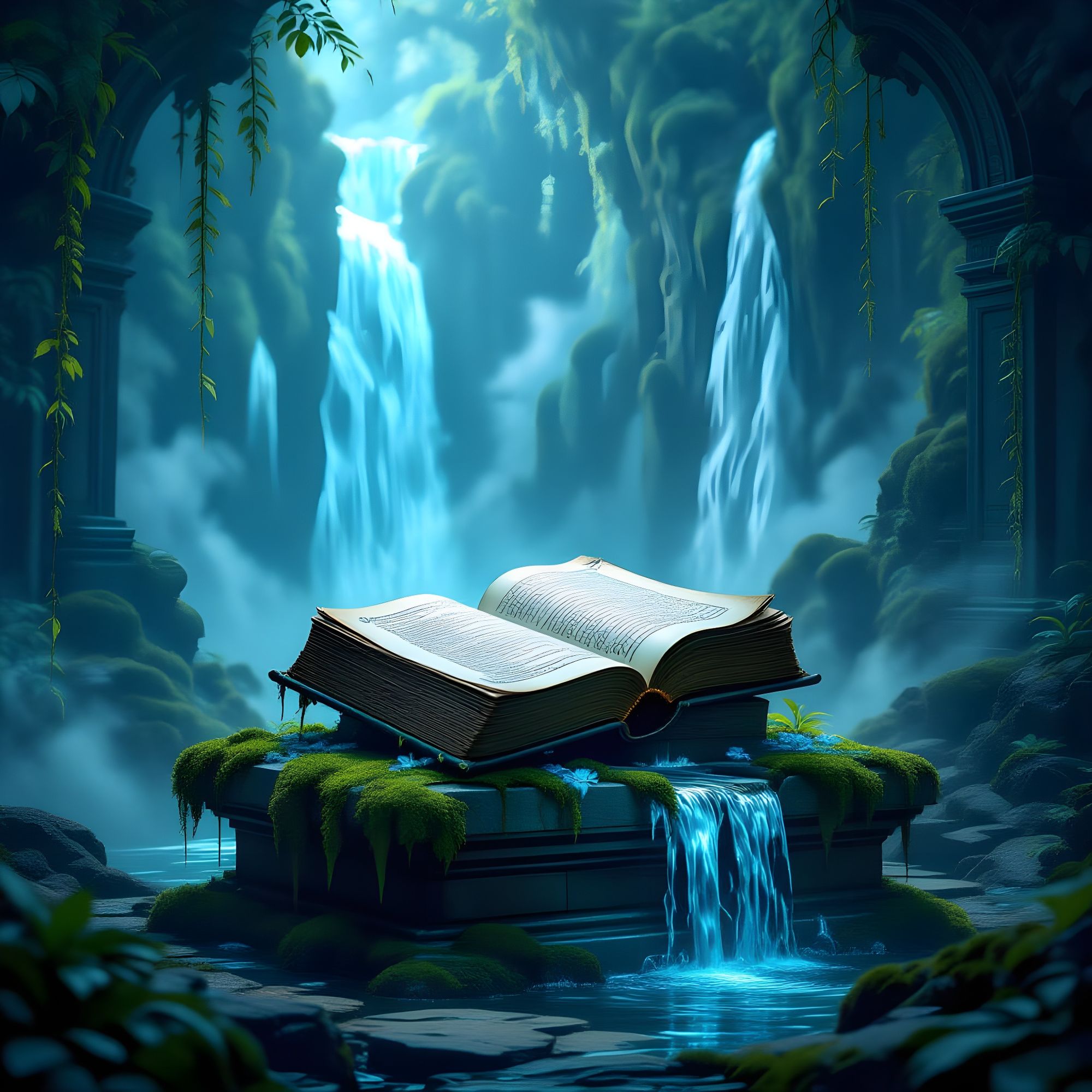 A lone, ancient tome lies open on a moss-covered stone pedestal, bathed in the ethereal glow of bioluminescent flora. Cascading waterfalls i...