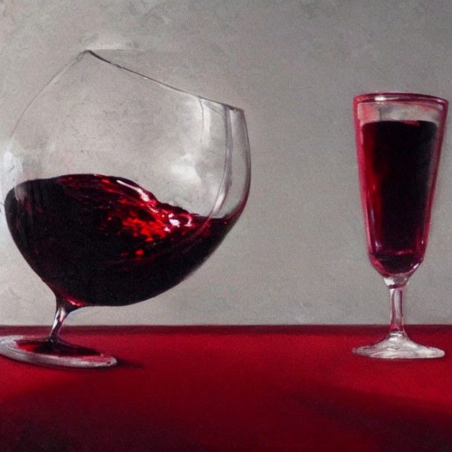 A broken glass full of red wine photorealism still life