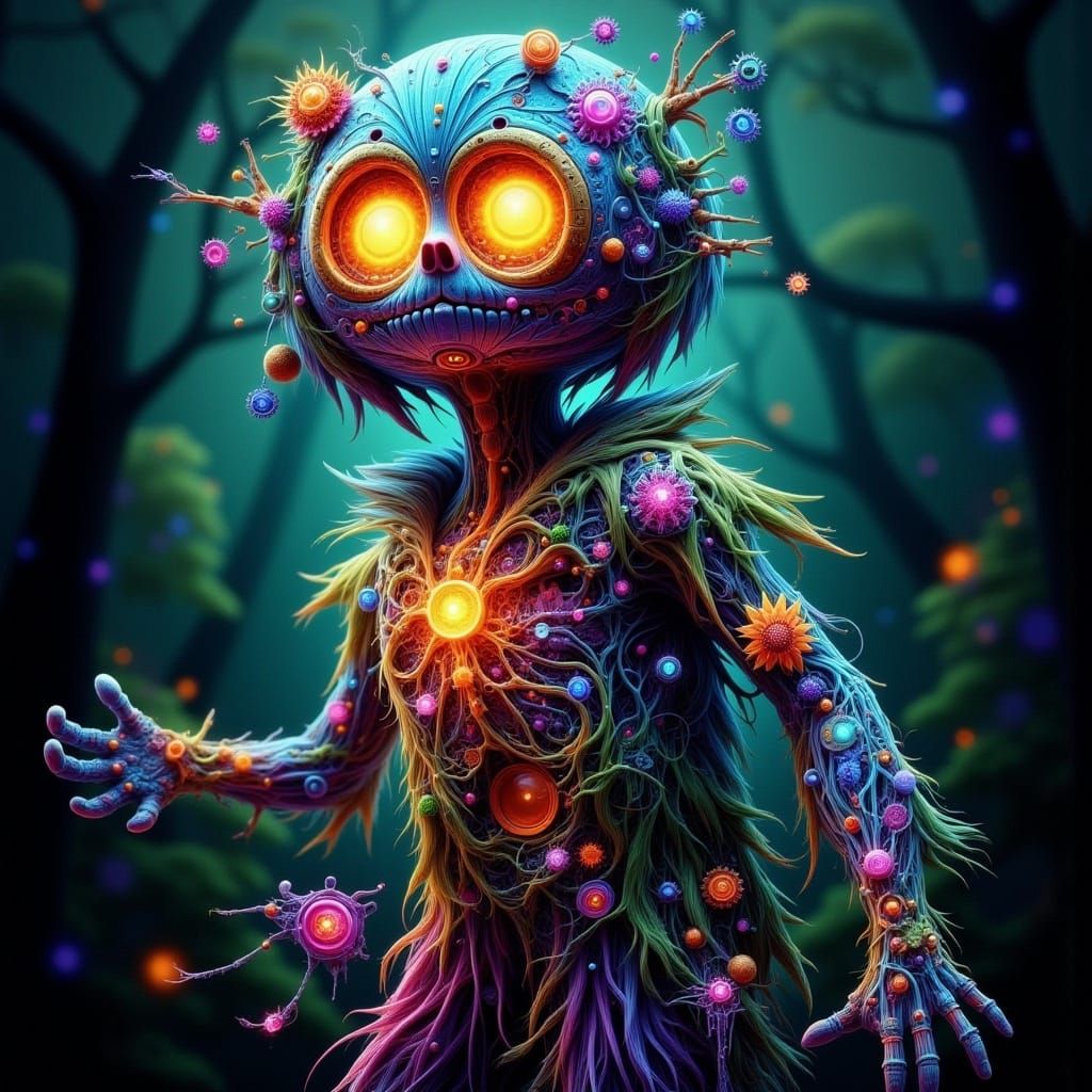 <lora:-BM UV XR AW-:1.0> Whimsical atmosphere ▪ Enchanted forest setting ▪ Scarecrow figure with glowing eyes and a fabric head ▪ Playful co...