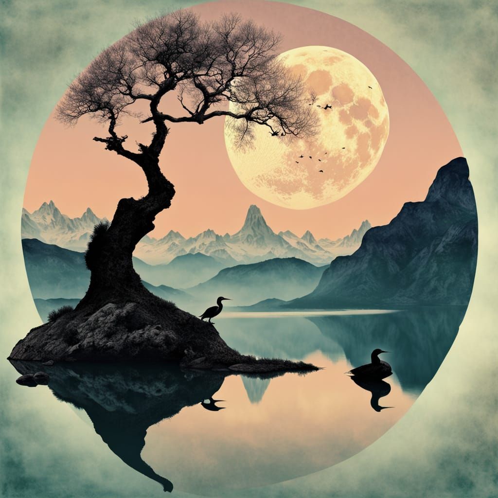Surreal double exposure, cormorant, Moon, ringed planets, mountain range, beautiful large tree, photographic