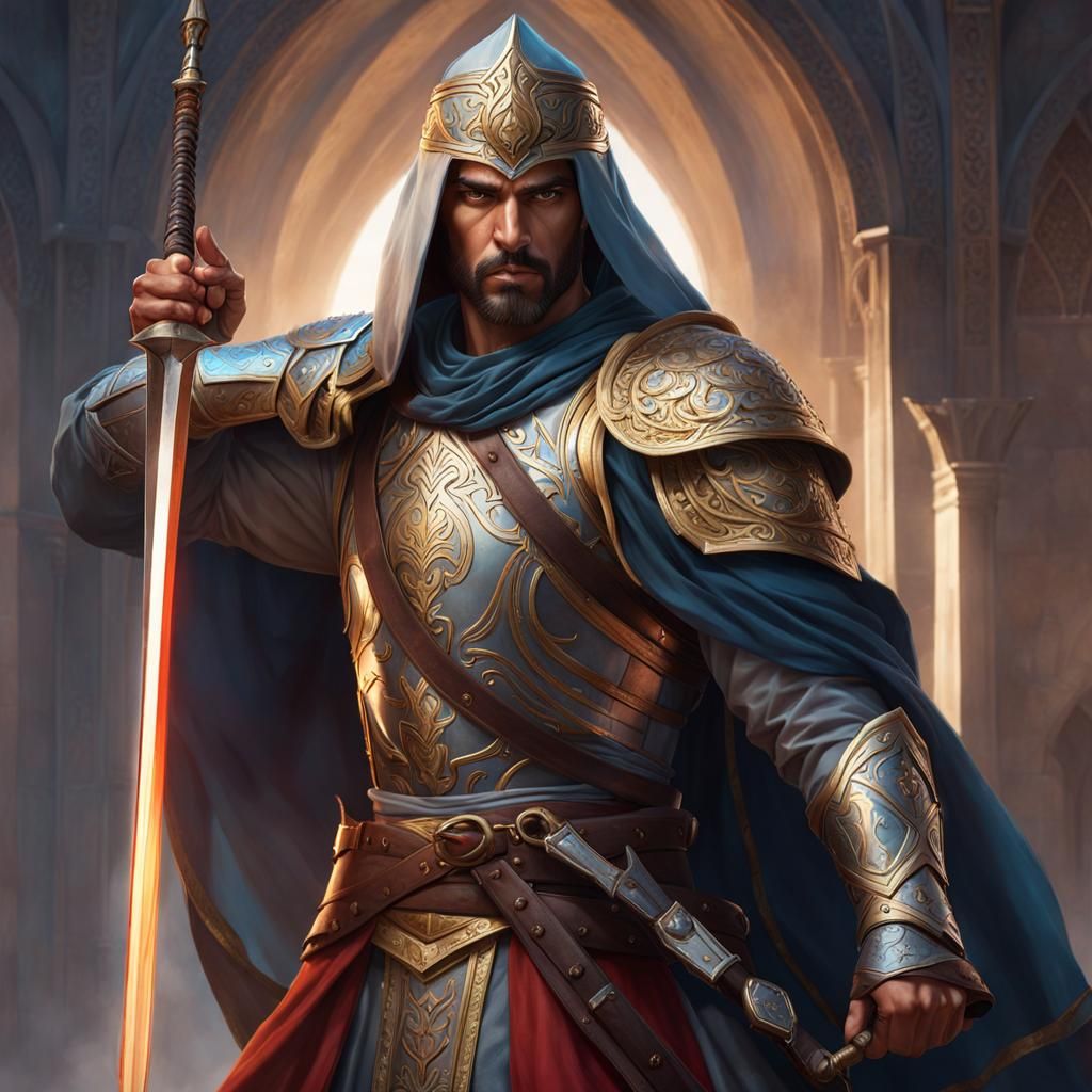 fierce medieval arabian warrior in a dramatic pose, head and...