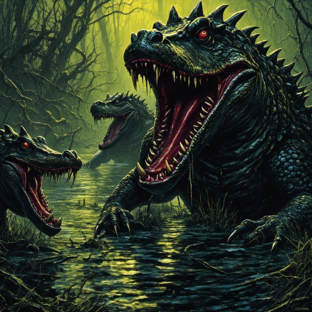 close up of Satanic Alligators perform a ritual in the swamp, horror concept artwork <lora:EffenMetalXL:1.0> 