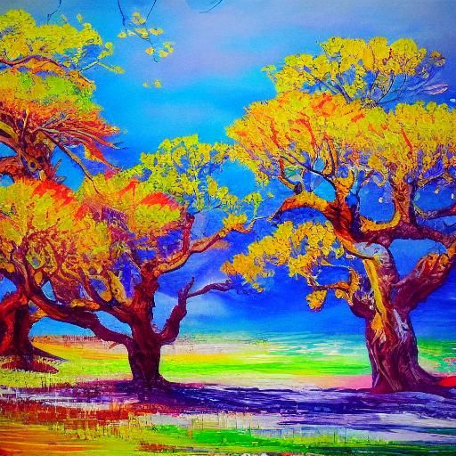 Chinese Ink Painting of Building with Jacaranda Trees