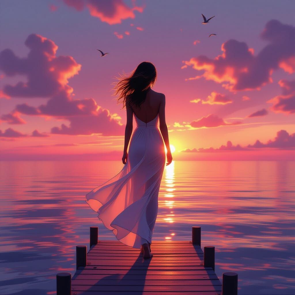 Woman's Silhouette at Sunset on Dock