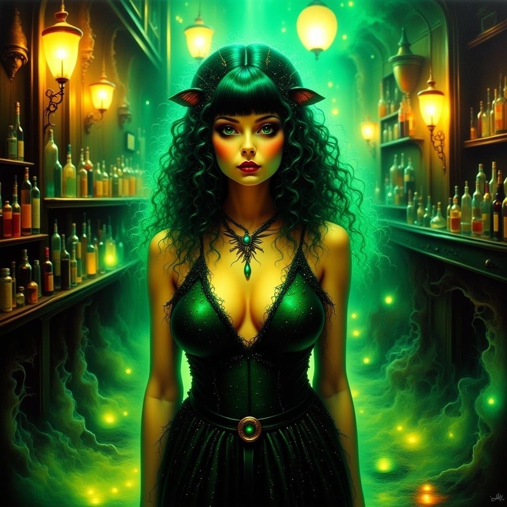 1920s (fat:1.5) flapper (green Goblin:1.9) woman in a speakeasy <lora:Creepy Cool Flux:1.0> Alcohol ink, Oil paint, deep saturation, high co...