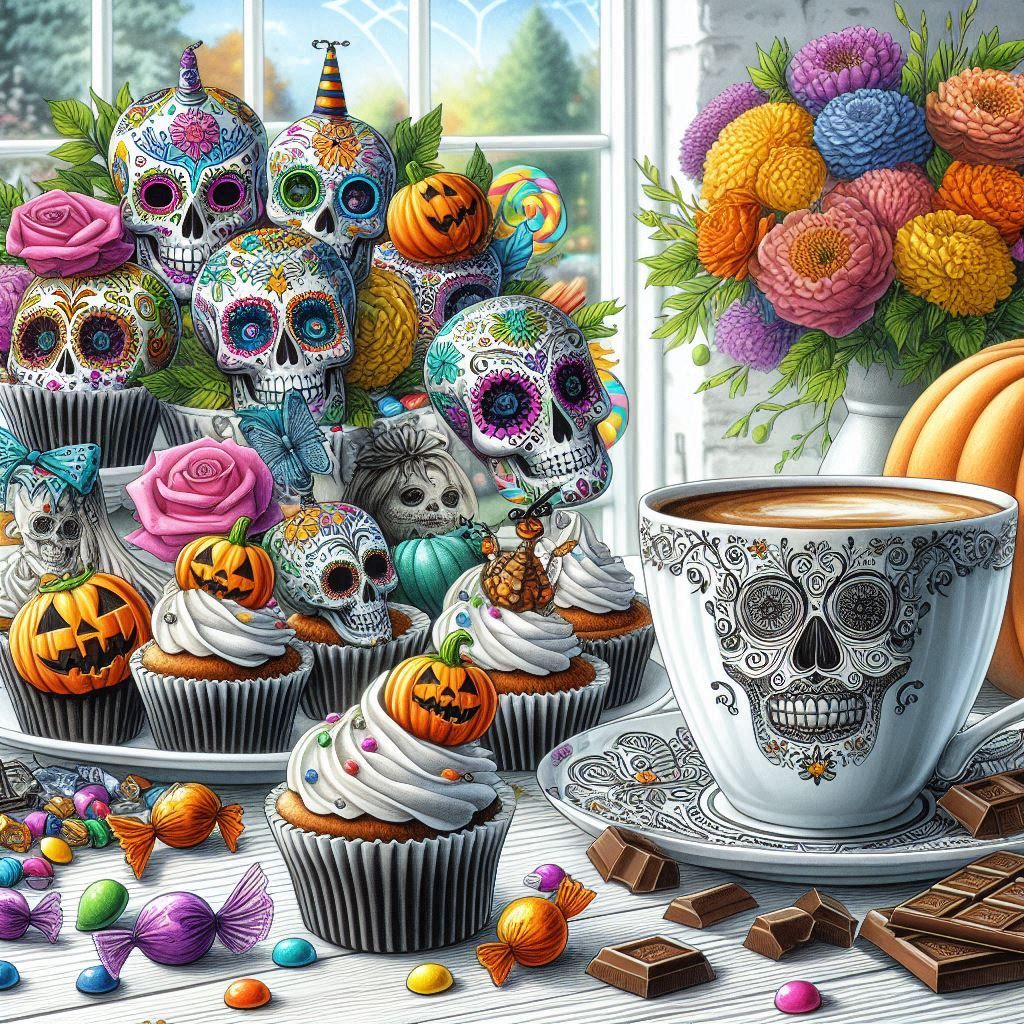 Desayuno, café, cupcakes, chocolate, caramelos, Halloween.....
