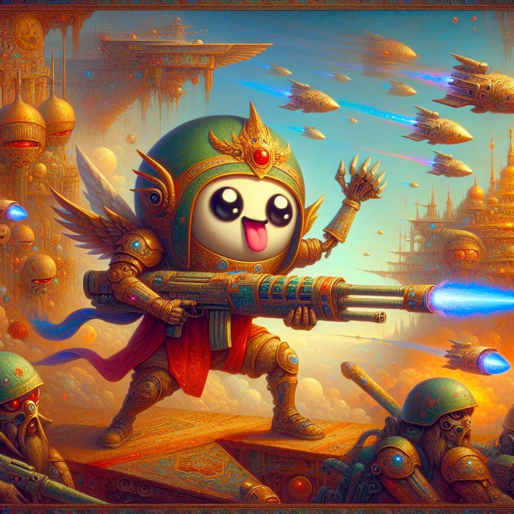 Kill All Humans AI. Cute meme character. Holding  guns and m...