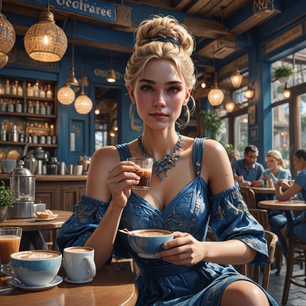 Woman in Blue Dress at Cafe, Digital Art