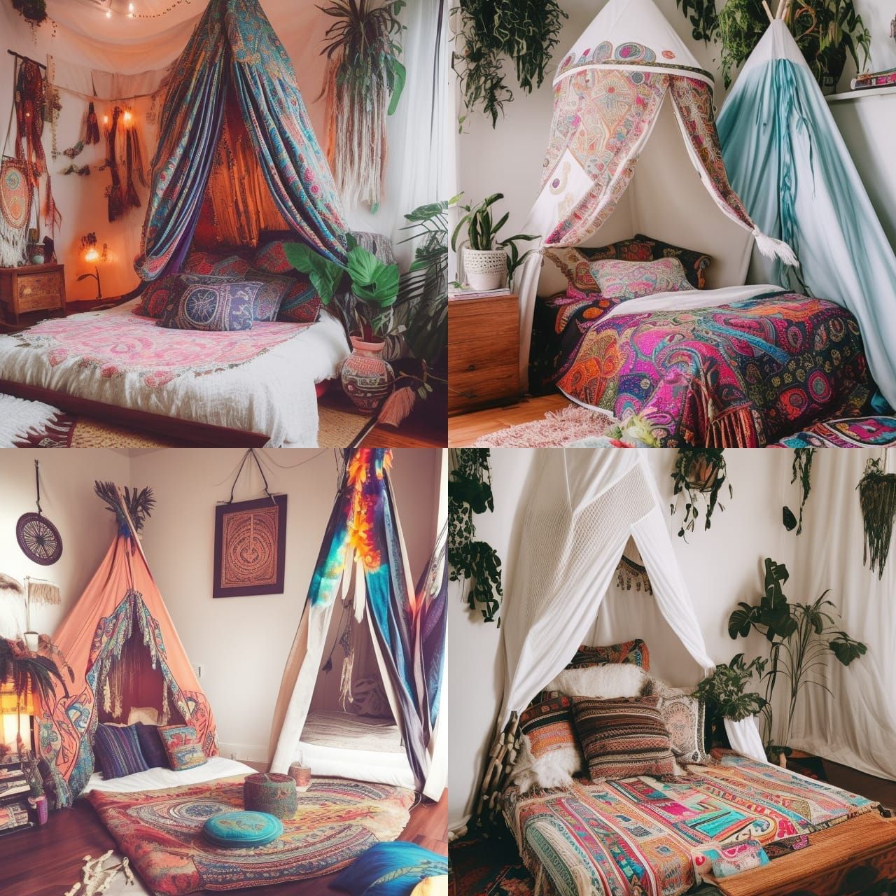 Boho bedroom, bed, canopy, plants, rug, hardwood floors, sit...