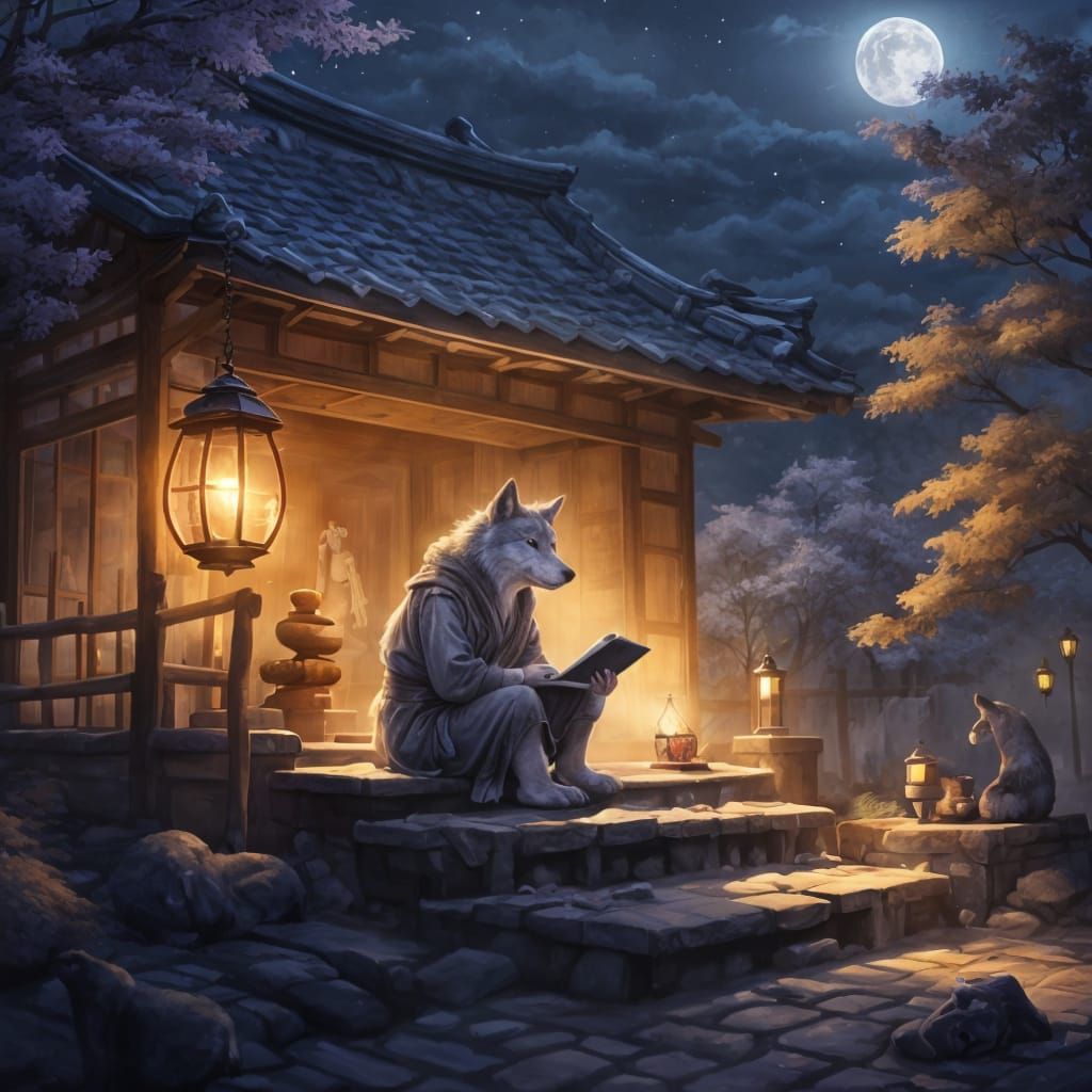 Wolf Reading in Japanese Robe with Lantern Light