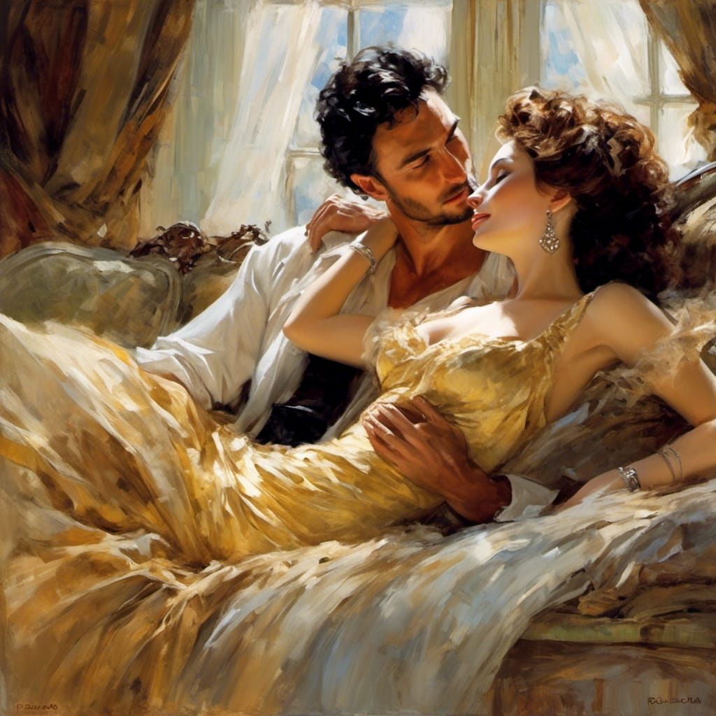 Sensual Woman in Apricot Silk as Oil Painting